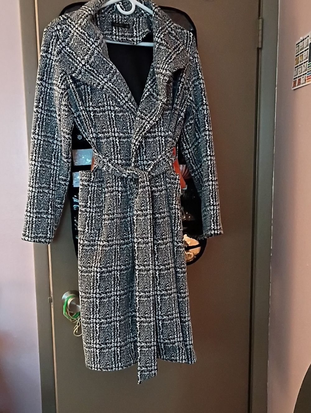 Plaid Belted Long Women's Coat - Black & White